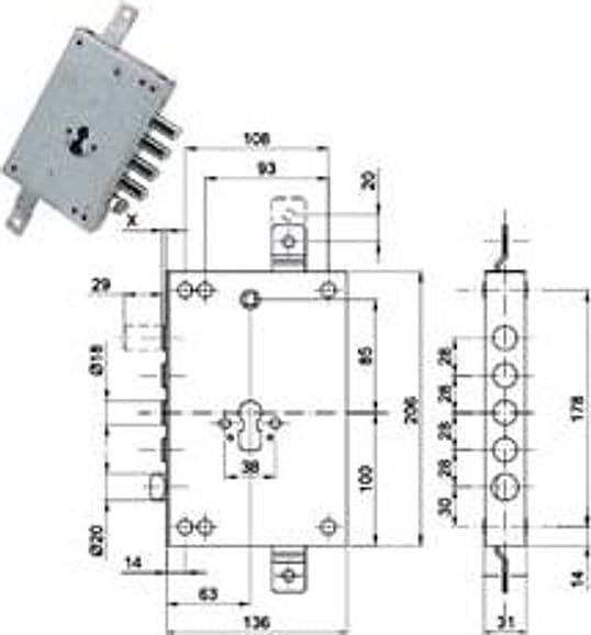Serratura Triplice Applicare con Scrocco Cil. Eur. Blindate 50128 63 Mm