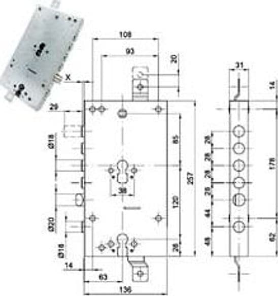 Serratura Triplice Applicare Scrocco Doppio Cil. Eu. Blindate 50228 63 Mm