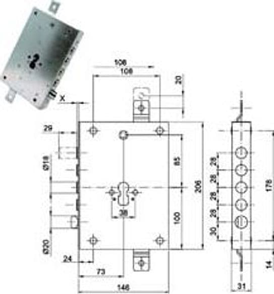 Serratura Triplice Applicare con Scrocco Cil. Eur. Blindate 70128 73 Mm