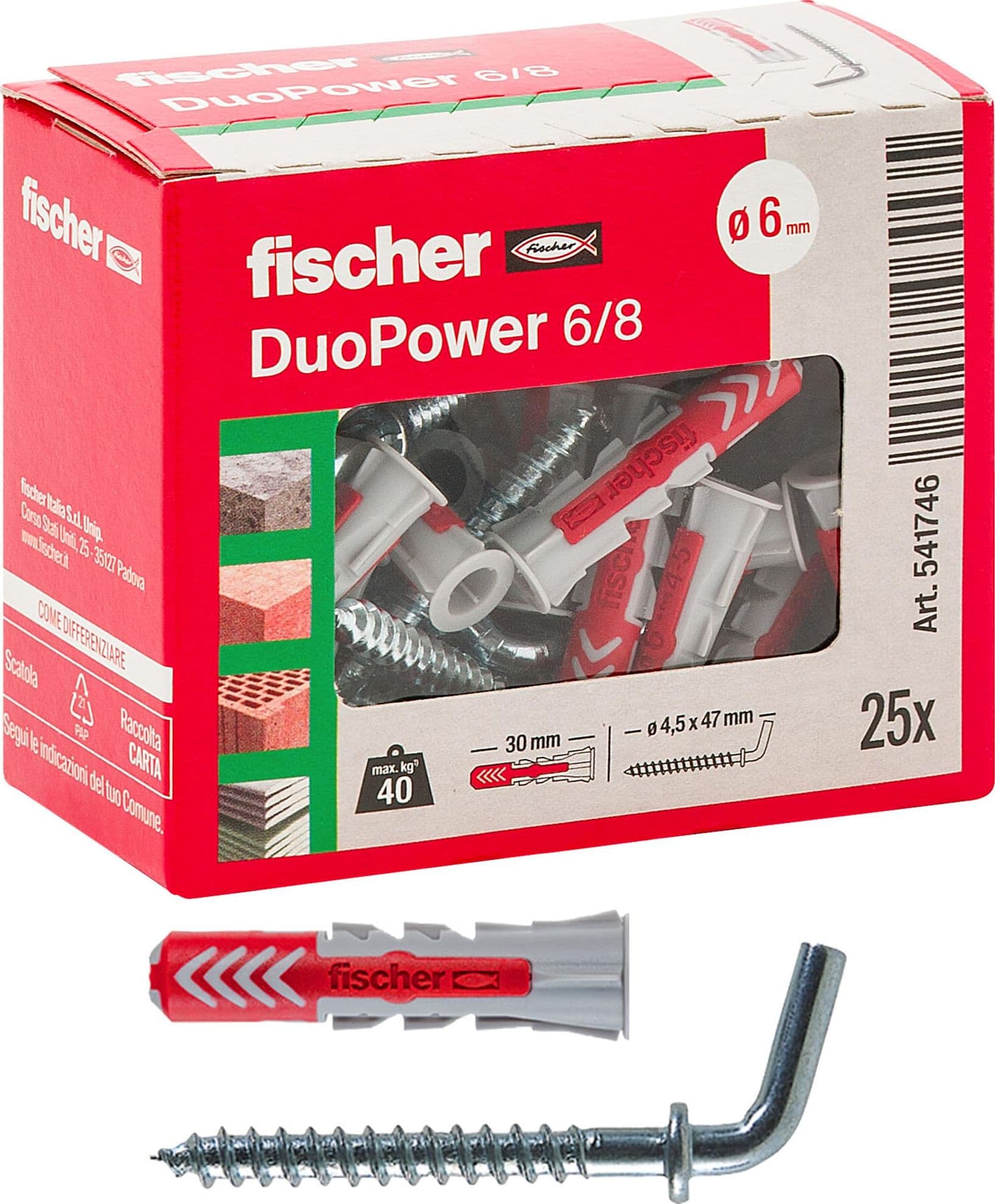 Tassello Duopower con Gancio Corto 6 x 8 Fischer Ø 6 x 30 mm 25 Pezzi
