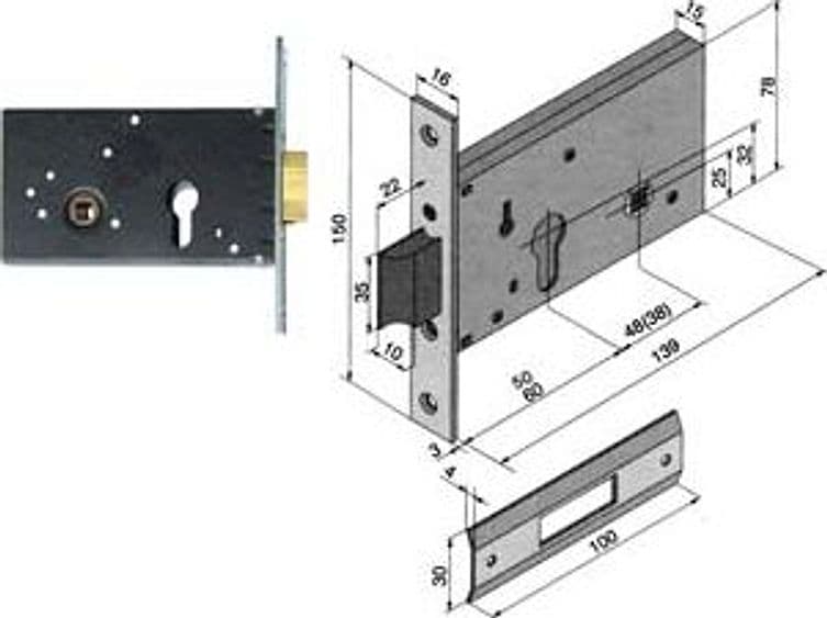 Serratura da Infilare per Fasce Catenaccio e Scrocco 78 mm H 121 60 mm - 2
