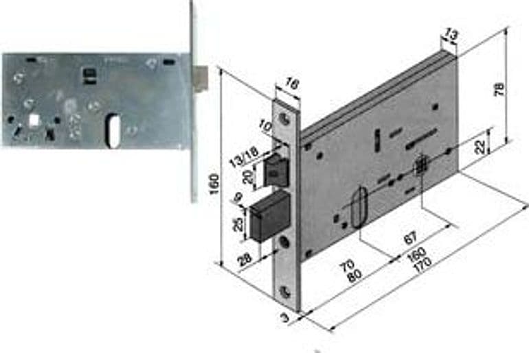 Serratura da Infilare per Fasce Catenaccio e Scrocco 78 mm H 136 70 mm - 2