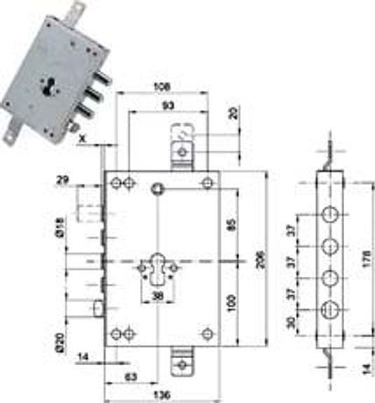 Serratura Triplice Applicare con Scrocco Cil. Eur. Blindate 50137 63 Mm
