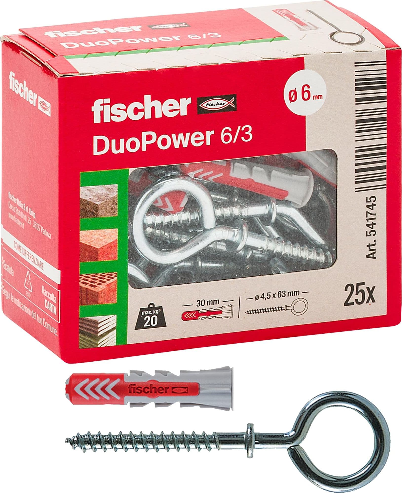 Tassello Duopower con Occhiolo Chiuso 6 x 3 Fischer Ø 6 x 30 mm 25 Pezzi