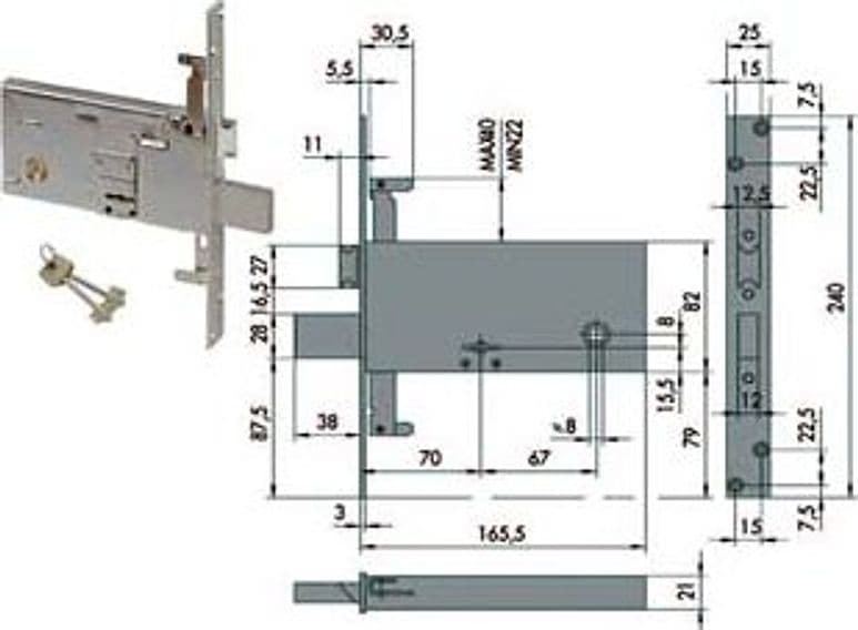 Serratura Triplice da Infilare per Fasce Doppia Mappa 82 mm H 57318 70 mm – Cisa