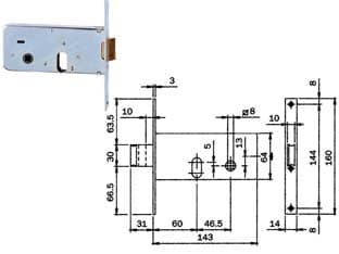 Serratura da Infilare per Fasce Catenaccio e Scrocco 64 mm H 710 60 mm - 2