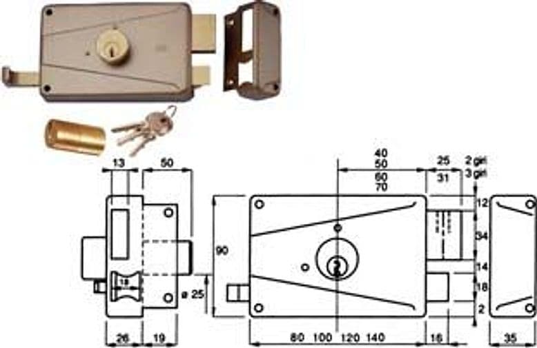 Serratura da Portoncino Catenaccio e Scr. Doppio Cilindro Fisso 310 Mg 70 - 2