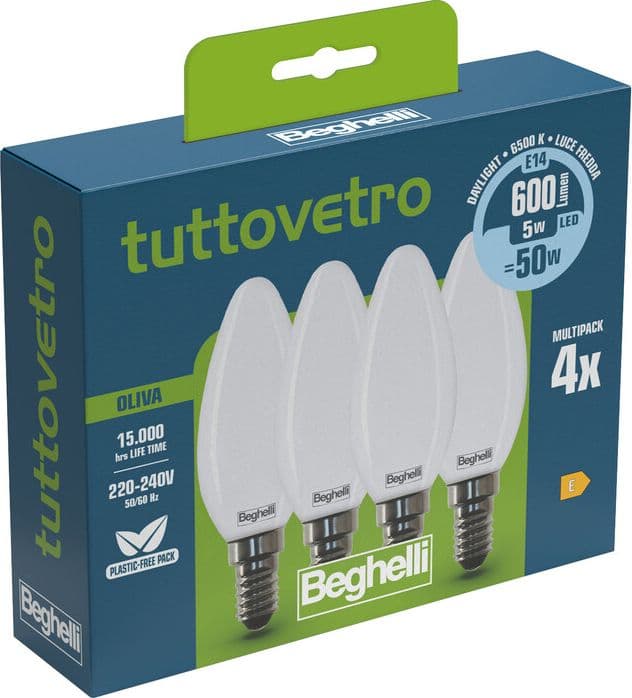 Beghelli LED Oliva E14 5W 58055 Fredda 6500K Set 4 10 Confezione – Idroweb