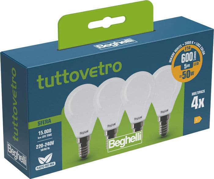 Beghelli LED Sfera E14 5W 58056 Calda 3000K Set 4 10 Confezione - 2