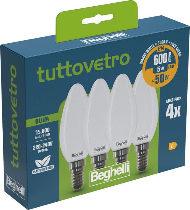 Beghelli LED Oliva E14 5W 58053 Calda 3000K 10 Confezione 4 Pezzi – Idroweb