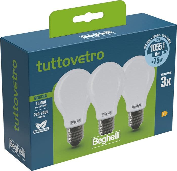 Beghelli LED Goccia E27 8W 58052 Fredda 6500K 10 Confezione 3 Pezzi – Idroweb
