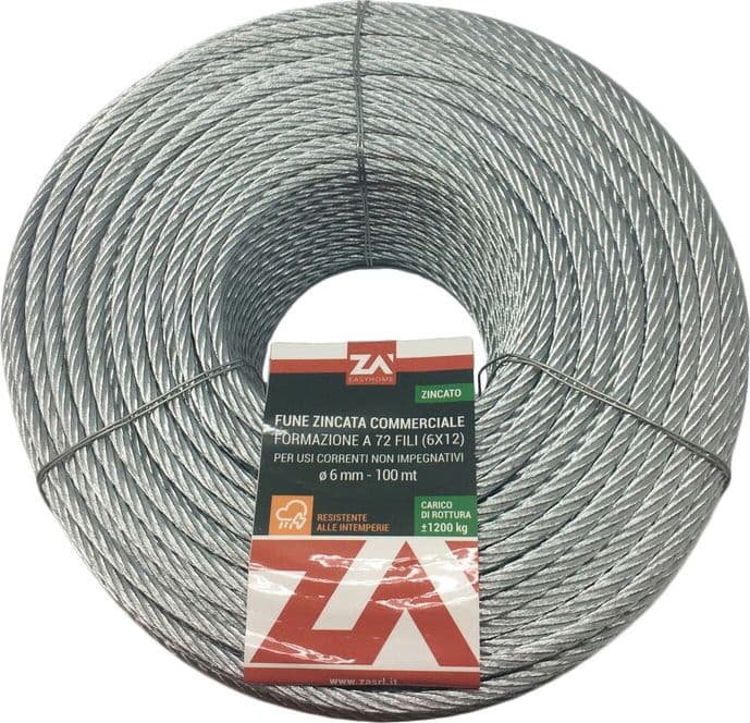 Fune Acciaio Commerciale 72F Ø 14 mm Funi 90 50 Metri