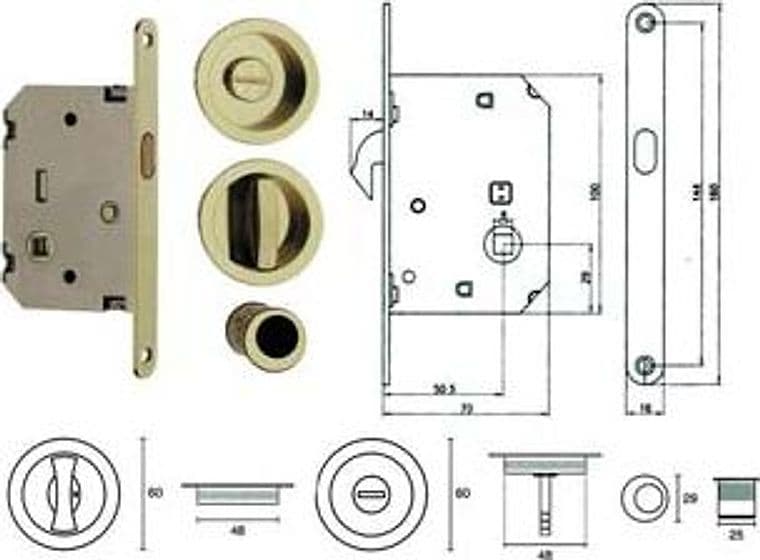 Serratura Infilare per Porte Scorrevoli B. Tondo Oro Lucido 50 mm Frontale - 2