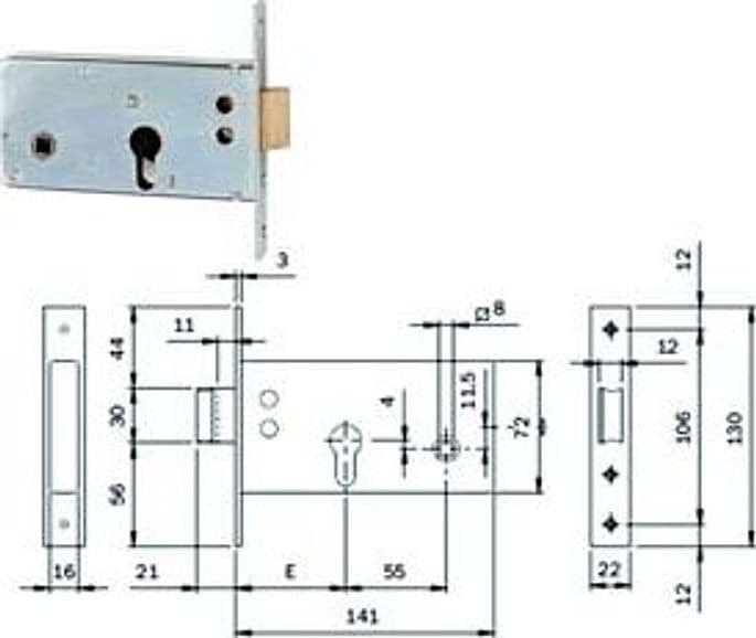 SERRATURA INFILARE PER FASCE CATEN. E SCROCCO CILINDRO EU MM.72 H 720- - mm.60 (720600) - 1 pezzi ISEO - 2