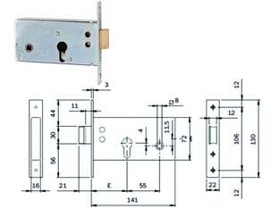 Serratura Infilare per Fasce Caten. e Scrocco 72 mm H Prof. Europ. 720 60 - 2