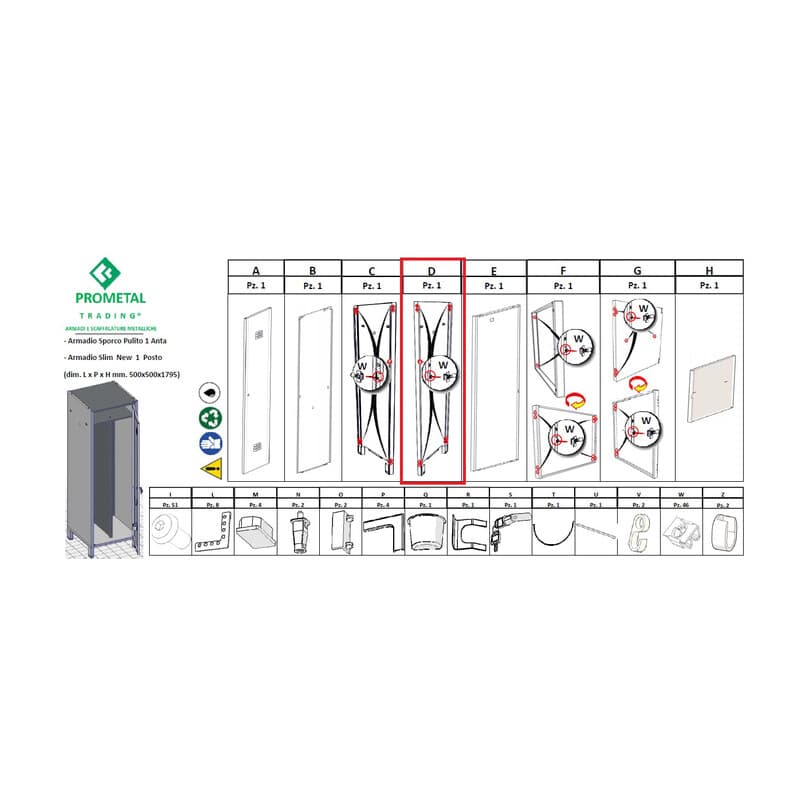 Ricambio Fianco DX per Armadio Sporco Pulito 1 Anta 50 x 50XH179 Cm Kit - 2