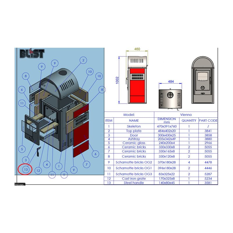 Maniglia 3581)X Stufa Legna 8 Kw Vienna Bordeaux - 2