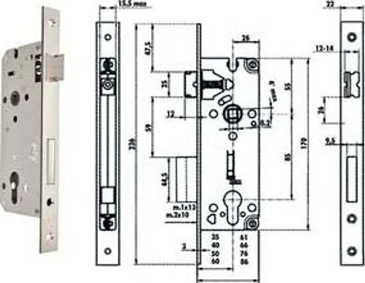 Serratura da Infilare a Cilindro Bordo Quadro Nichelato Satinato 52X 40 mm - 2