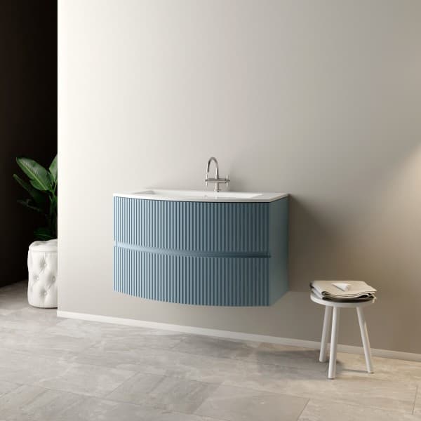 Mobile Bagno Sospeso Curvo Senza Base Sospesa Lavabo Azzurro Polvere - 2