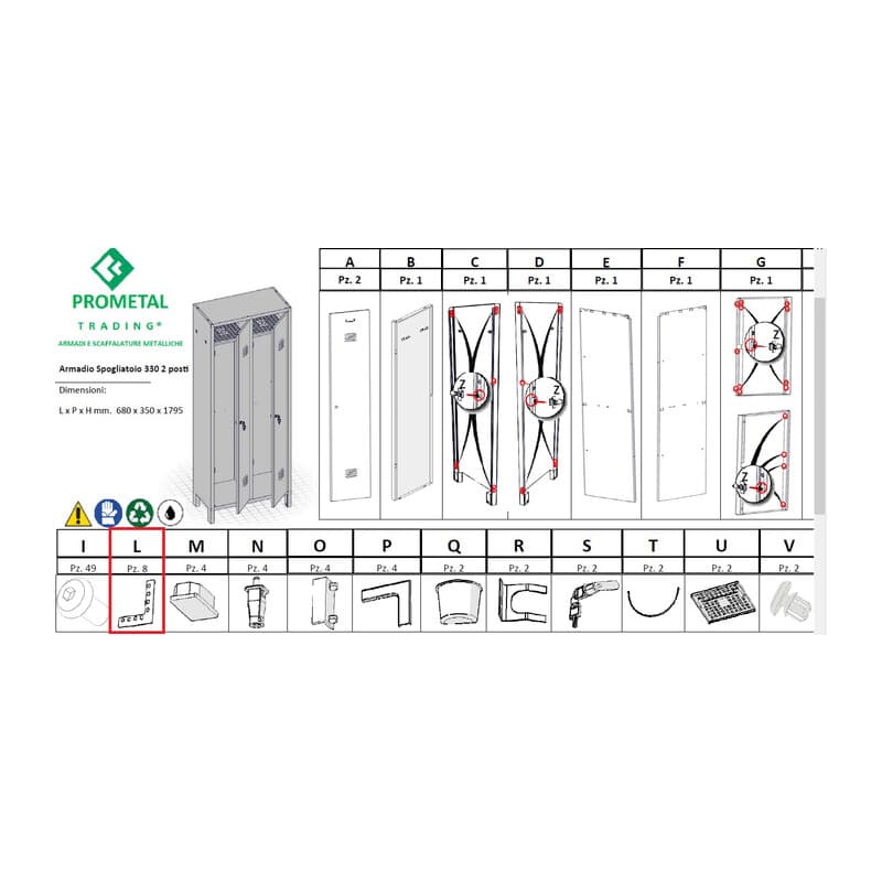 Particolare LX8 Xarmadio Spogliatoio a 2 Posti in Kit con Serratura 1,0 - 2