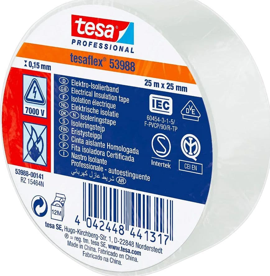 NASTRO ISOLANTE 'PROFESSIONAL 53988' mm. 25 x 25 mt - bianco- 10 pezzi  - TESA