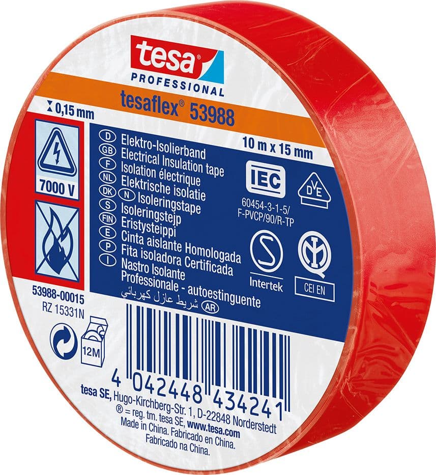 NASTRO ISOLANTE 'PROFESSIONAL 53988' mm. 15 x 10 mt - rosso- 10 pezzi  - TESA - 2