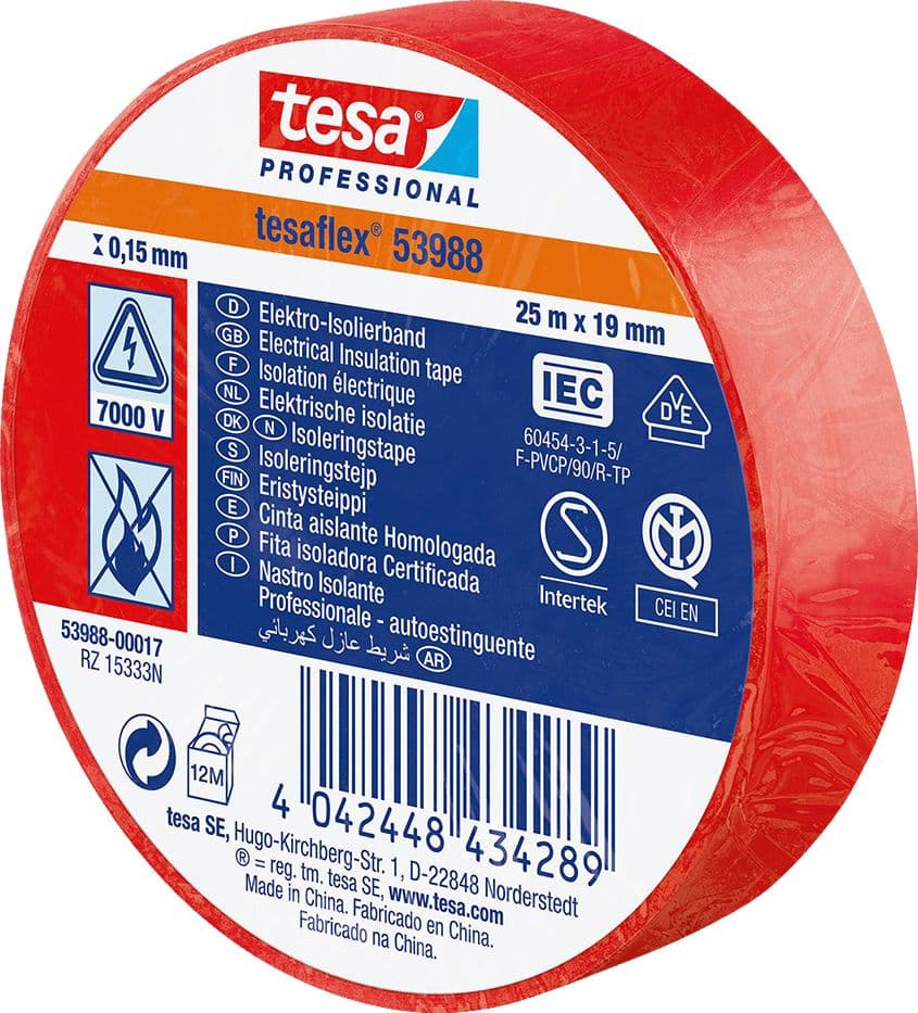 NASTRO ISOLANTE 'PROFESSIONAL 53988' mm. 19 x 25 mt - rosso- 10 pezzi  - TESA