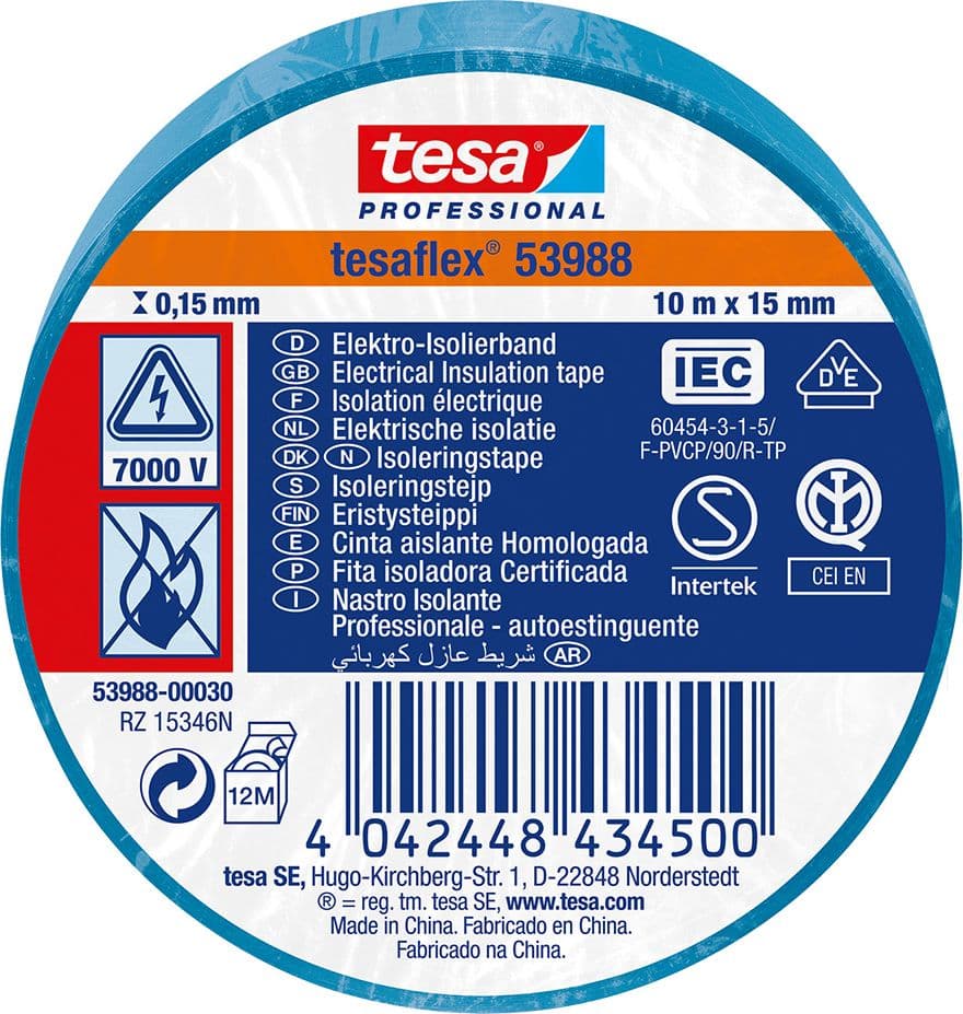 NASTRO ISOLANTE 'PROFESSIONAL 53988' mm. 15 x 20 mt - blu- 10 pezzi  - TESA