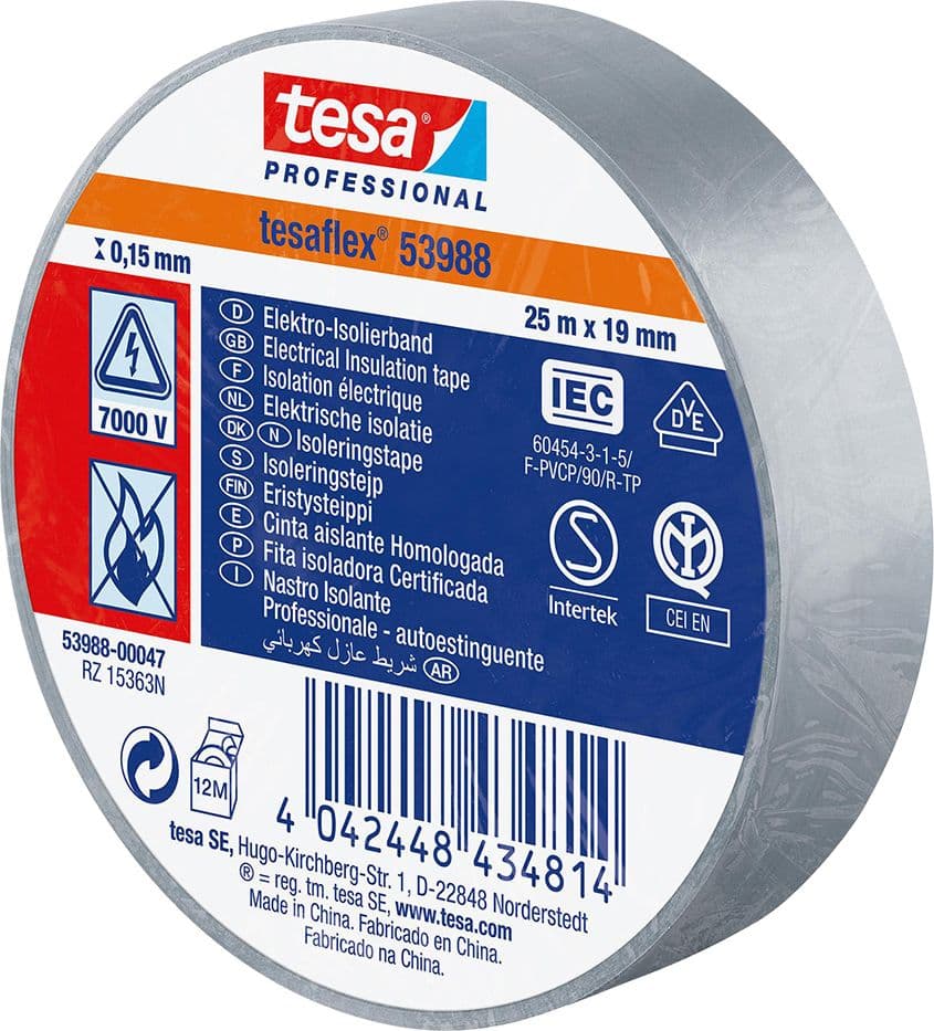 NASTRO ISOLANTE 'PROFESSIONAL 53988' mm. 19 x 25 mt - grigio- 10 pezzi  - TESA
