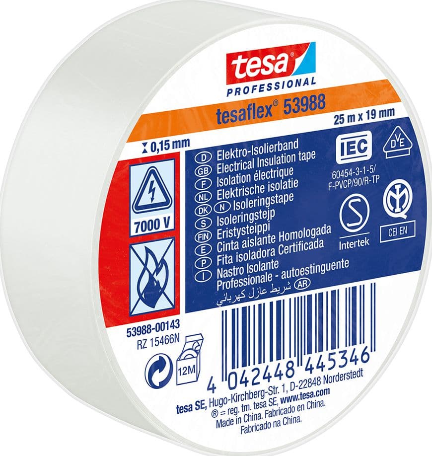 NASTRO ISOLANTE 'PROFESSIONAL 53988' mm. 19 x 25 mt - bianco- 10 pezzi  - TESA