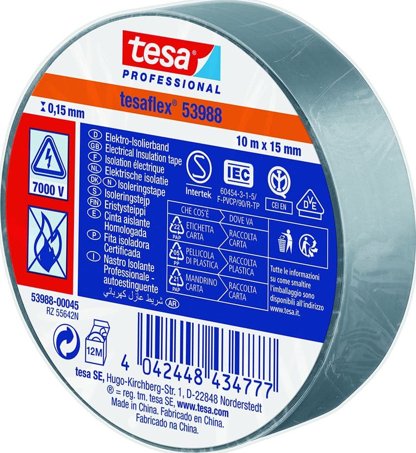 NASTRO ISOLANTE 'PROFESSIONAL 53988' mm. 15 x 10 mt - grigio- 10 pezzi  - TESA