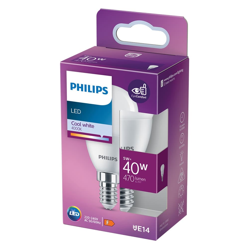 LAMPADA A LED 'SFERA' NATUR.4000K 4,9 W=40W E14 - 470 lm- 4 pezzi  - PHILIPS