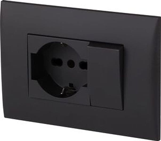Placca con Supp Pulsante e Presa Bipas Schuko Nero – Electraline