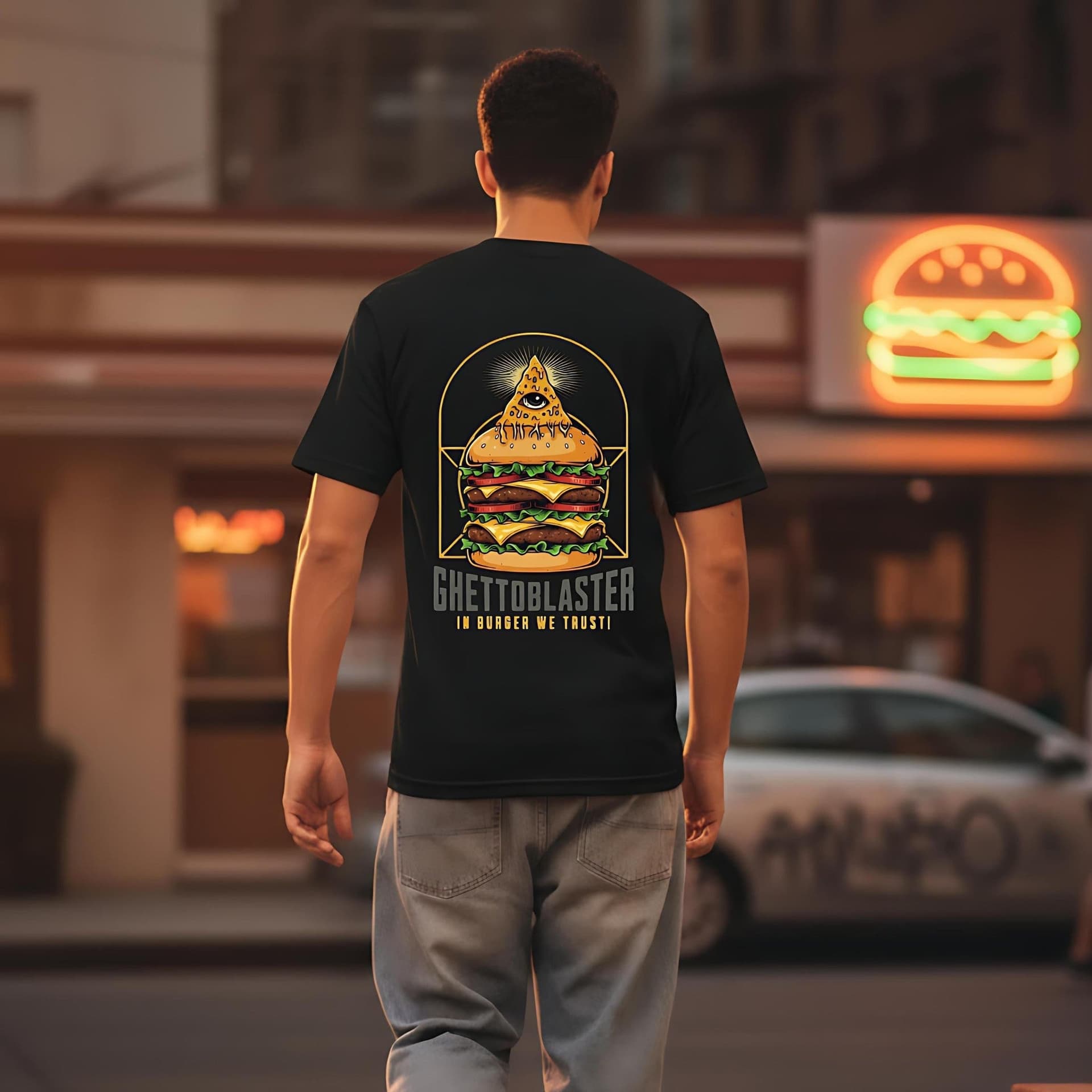 T-shirt Ghettoblaster Burger Trust black in  Glad Store - Genova, commercioVirtuoso.it