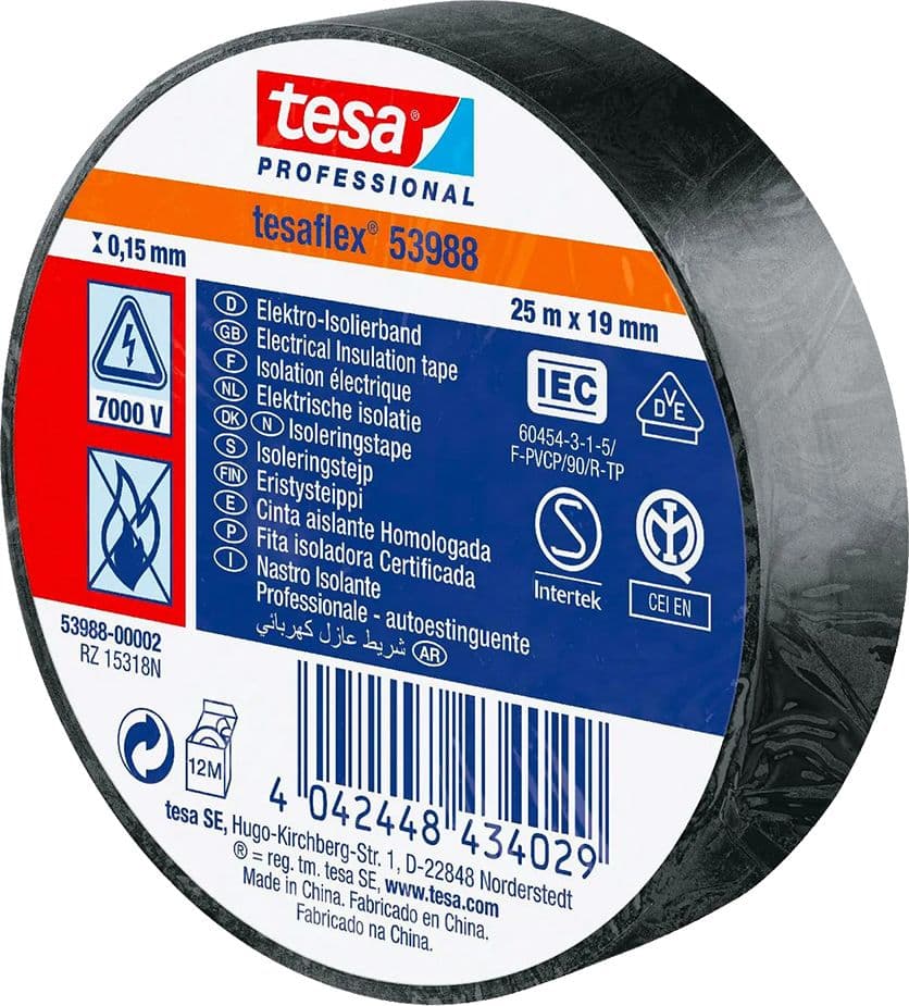 NASTRO ISOLANTE 'PROFESSIONAL 53988' mm. 19 x 25 mt - nero- 10 pezzi  - TESA