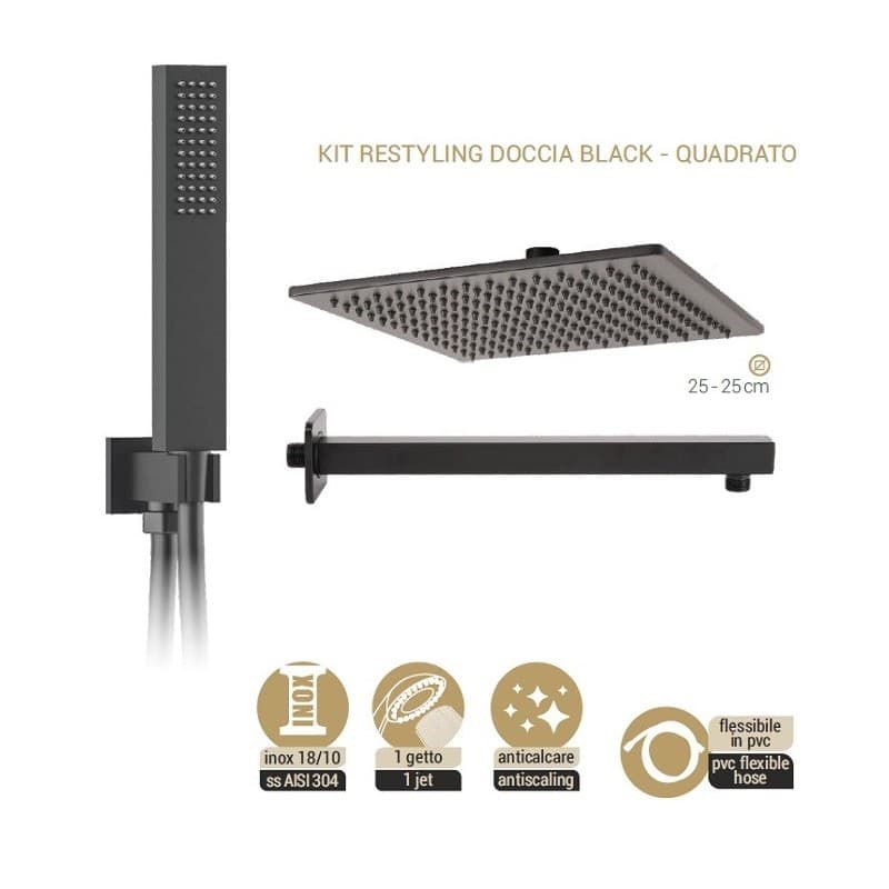 Kit Soffione Doccia Quadrato Seven Metaf Nero Opaco Matt - 2