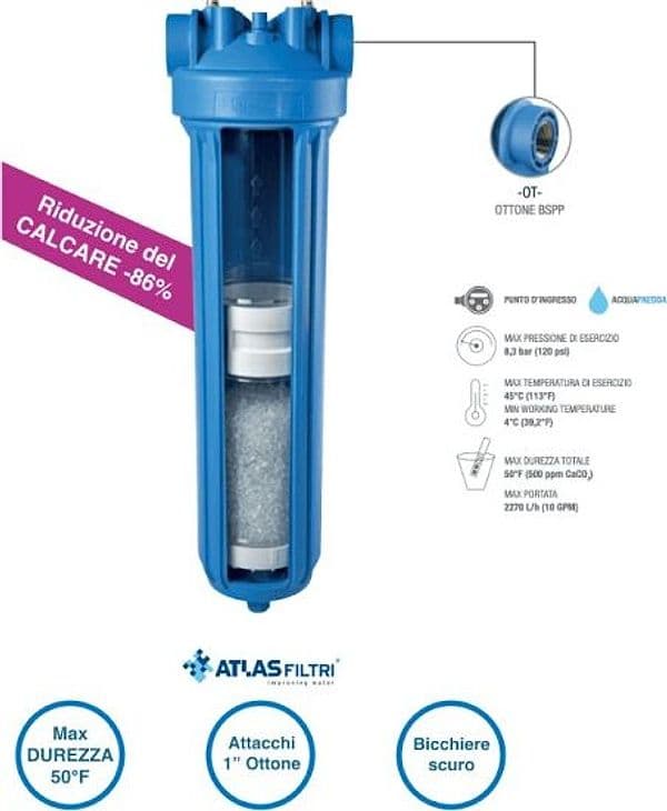 Sistema Filtro per Acqua Anticalcare 1 Ottone Bspp Portata Max 2270 l H ATL - 5
