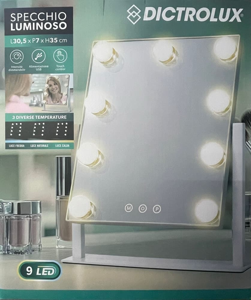 SPECCHIO LUMINOSO 9 LED TOUCH DIMMERABILE USB DESIGN STILE HOLLYWOOD 3 TEMPERATURE DI LUCE - 3