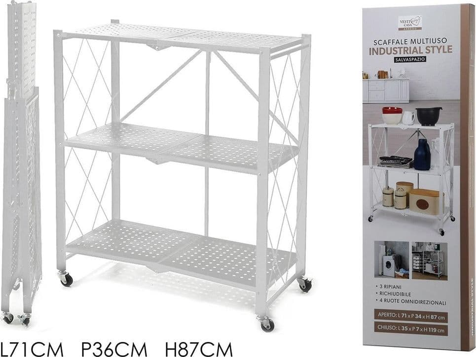 SCAFFALE MULTIUSO LIBRERIA PIEGHEVOLE CON 3 RIPIANI RUOTE IN ACCIAIO VERNICIATO BIANCO - 7