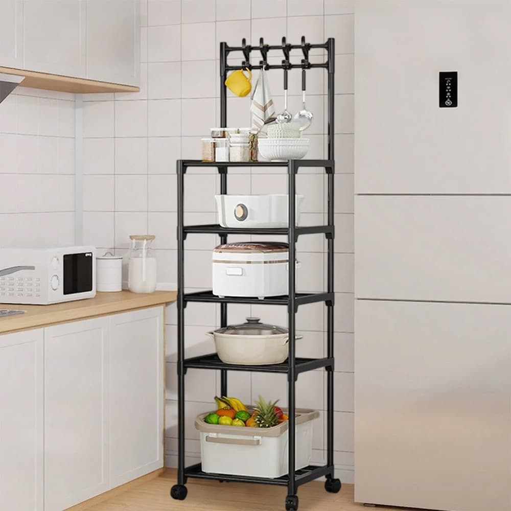 CARRELLO PORTAOGGETTI A 5 RIPIANI SCAFFALE MULTIUSO CON RUOTE GANCI PER CUCINA BAGNO NERO - 6