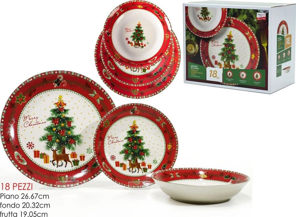 SERVIZIO DI PIATTI NATALIZIO IN PORCELLANA 18PZ DECORO ALBERO NATALE RENNE PACCHI REGALO - 3