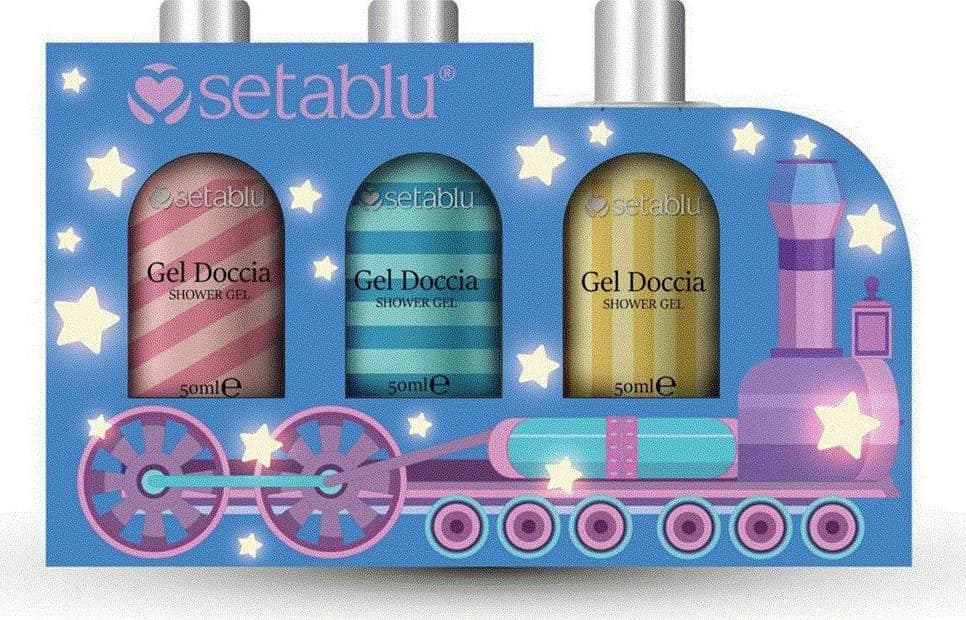 SET IDEA REGALO DA 3 PZ FLACONI GEL DOCCIA DA 50ML CONFEZIONE COLORATA A TEMA TRENINO