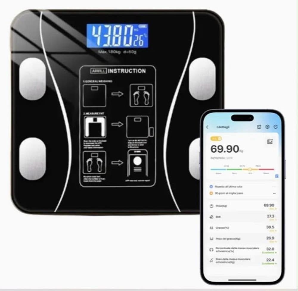 BILANCIA PESAPERSONE PROFESSIONALE NERA IMPEDENZIOMETRICA BLUETOOTH DIGITALE CON APP - 6