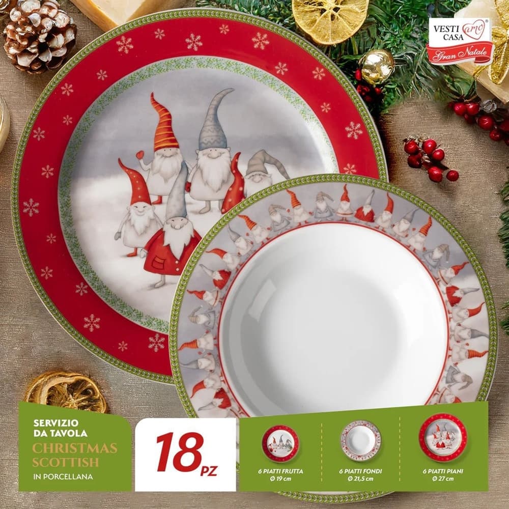 SET SERVIZIO DI PIATTI DA TAVOLA IN PORCELLANA 18 PEZZI DESIGN CON GNOMI NATALIZIO FESTIVO - 2