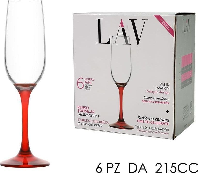 SET DA 6PZ CALICI FLUTE PER CHAMPAGNE SPUMANTE IN VETRO CON GAMBO COLORE ROSSO DA 215 CC - 2