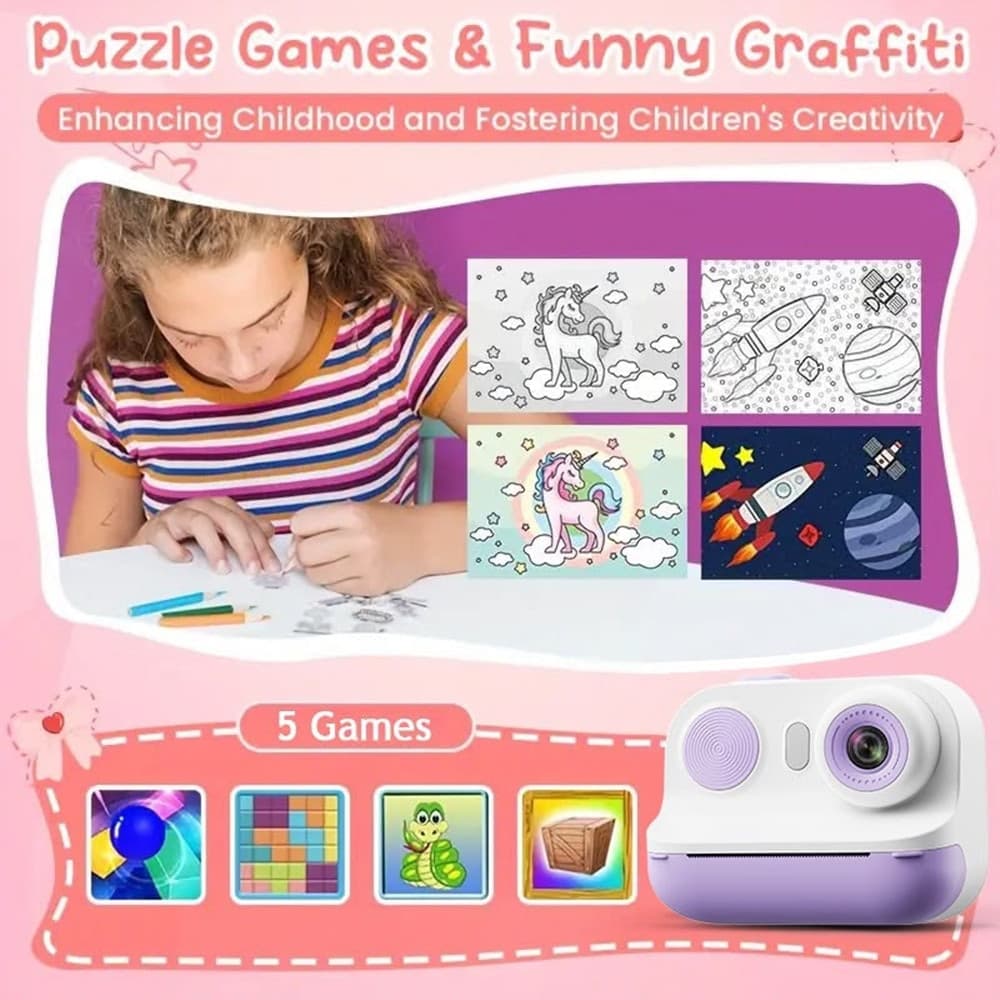 FOTOCAMERA PORTATILE A STAMPA ISTANTANEA PER BAMBINI CON SCHERMO LED ZOOM DIGITALE 6X - 12