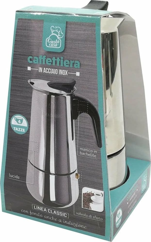 CAFFETTIERA MOKA IN ACCIAIO INOX LUCIDO CON MANICO IN BACHELITE DA 4 TAZZE FONDO INDUZIONE - 3