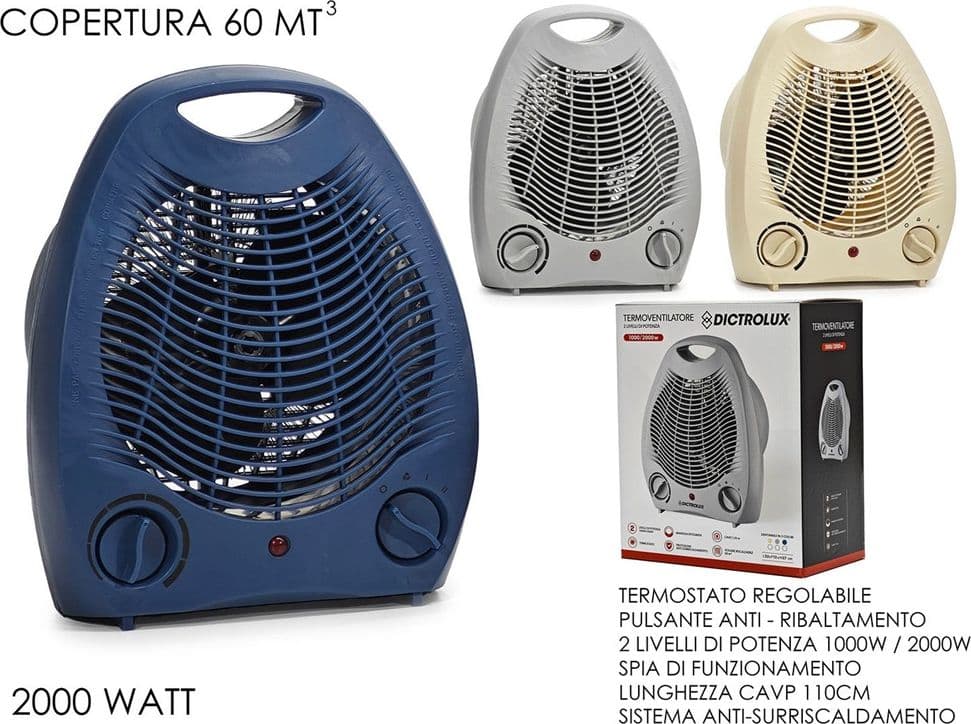 TERMOVENTILATORE 2000W 2 LIVELLI POTENZA TERMOSTATO REGOLABILE SISTEMA ANTISURRISCALDAMENTO - 6