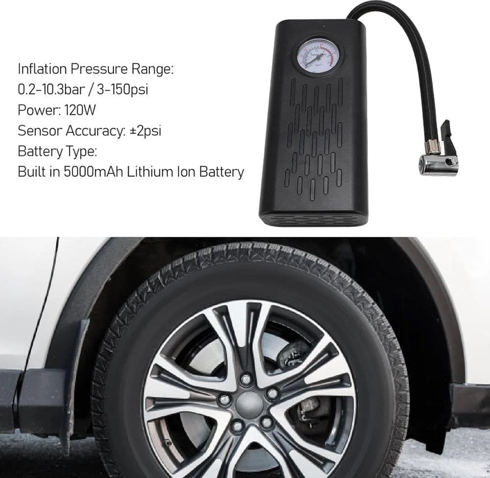 COMPRESSORE D'ARIA GONFIATORE ELETTRICO PORTATILE PER PNEUMATICI AUTO SENZA FILI MANOMETRO - 6