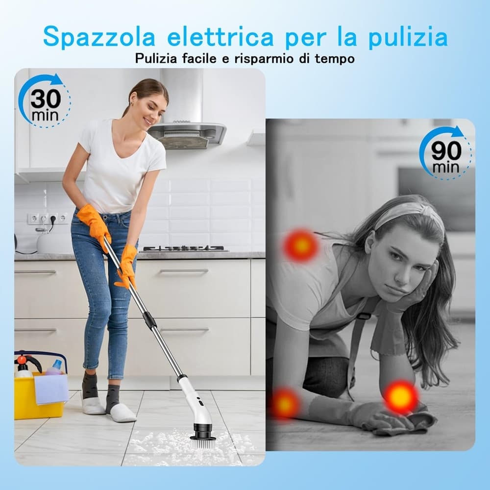 SPAZZOLA ROTANTE ELETTRICA MULTIFUNZIONE 9IN1 RICARICABILE SENZA FILI MANICO ESTENSIBILE - 8